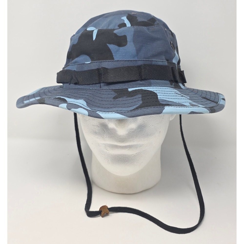 Military Boonie Hat Men 7 1/2 Blue Camo Type II Sun Hat Wide Brim Strap